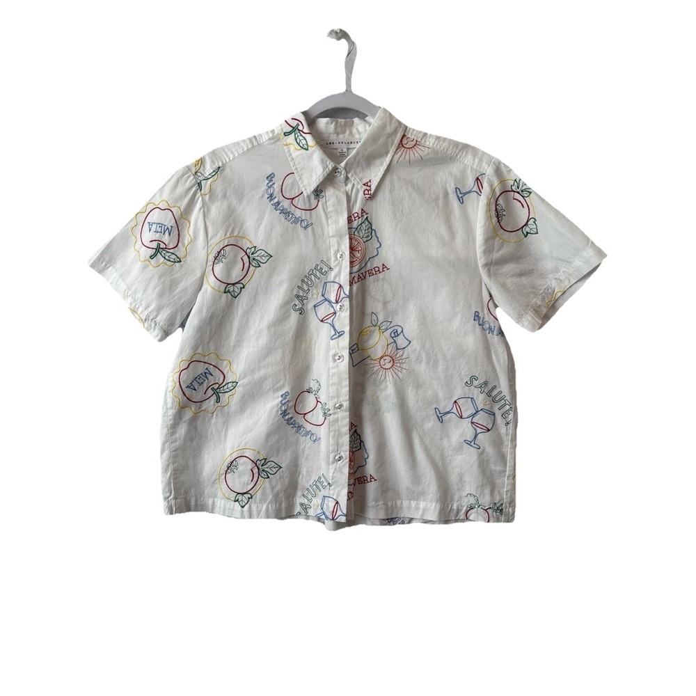 Jane Delancey Embroidered Italian Spell Out Boxy Crop Button Up Shirt S Travel